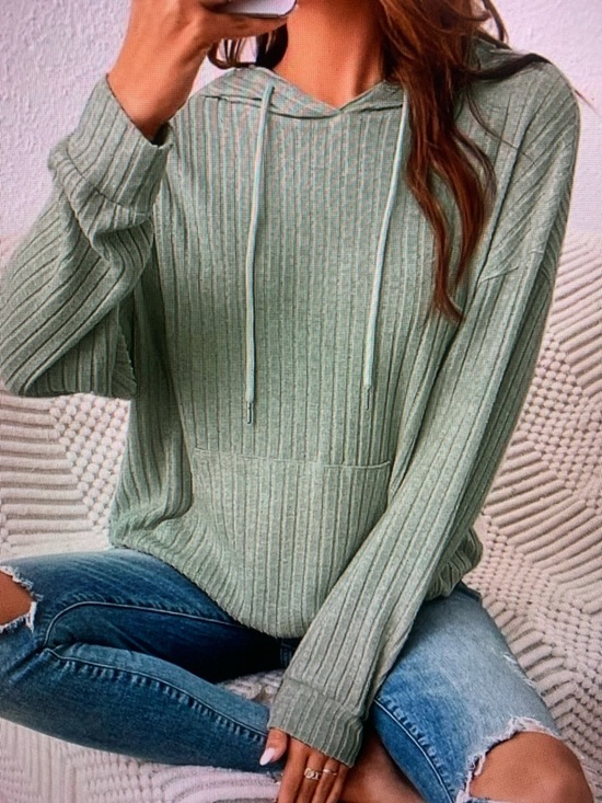 Tops - Ribbed Knit Hoodie in Sage Green